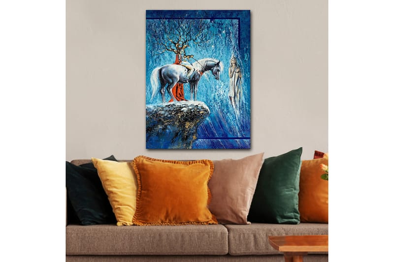 Canvas taulu 70x100 cm - Mystinen näkymä hevosen ja naisen kanssa unenomaisessa ympäristössä, Sininen / Valkoinen / Punainen