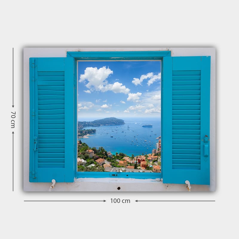 Canvas taulu 70x100 cm - Näkymä avoimesta ikkunasta, meri ja taivas tarkentuneina - Sininen / Vihreä / Valkoinen - Sisustustuotteet - Taulu & taide - Canvas-taulu