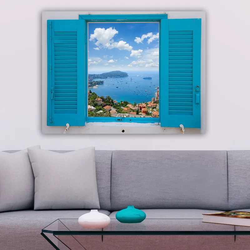 Canvas taulu 70x100 cm - Näkymä avoimesta ikkunasta, meri ja taivas tarkentuneina - Sininen / Vihreä / Valkoinen - Sisustustuotteet - Taulu & taide - Canvas-taulu