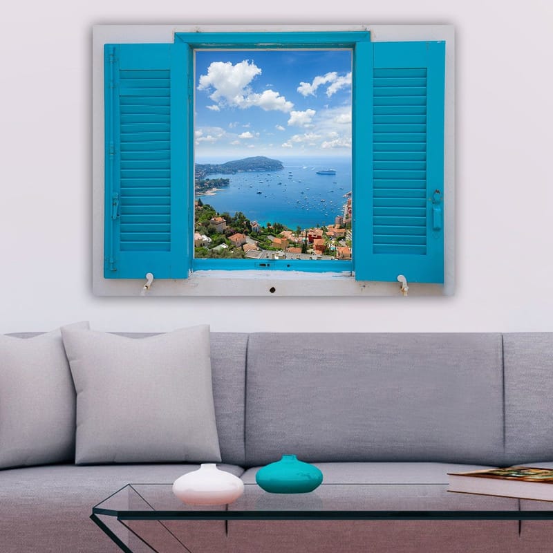 Canvas taulu 70x100 cm - Näkymä avoimesta ikkunasta, meri ja taivas tarkentuneina - Sininen / Vihreä / Valkoinen - Sisustustuotteet - Taulu & taide - Canvas-taulu