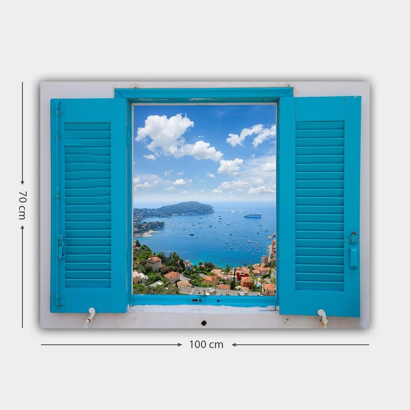 Canvas taulu 70x100 cm - Näkymä avoimesta ikkunasta, meri ja taivas tarkentuneina - Sininen / Vihreä / Valkoinen - Sisustustuotteet - Taulu & taide - Canvas-taulu