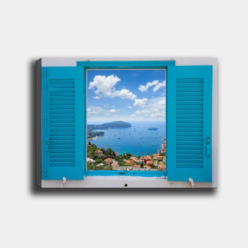 Canvas taulu 70x100 cm - Näkymä avoimesta ikkunasta, meri ja taivas tarkentuneina, Sininen / Vihreä / Valkoinen