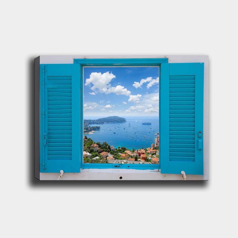 Canvas taulu 70x100 cm - Näkymä avoimesta ikkunasta, meri ja taivas tarkentuneina, Sininen / Vihreä / Valkoinen