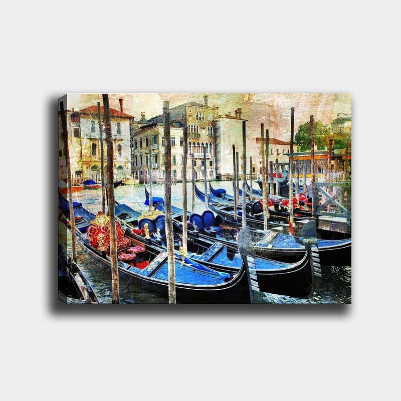 Canvas taulu 70x100 cm - Näkymä gondoleilla venetsialaisessa kanavassa, historiallisten rakennusten ympäröimänä, Sininen / Punainen / Musta