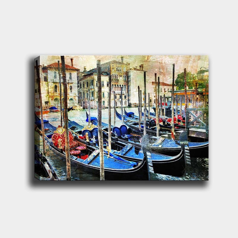 Canvas taulu 70x100 cm - Näkymä gondoleilla venetsialaisessa kanavassa, historiallisten rakennusten ympäröimänä - Sininen / Punainen / Musta - Sisustustuotteet - Taulu & taide - Canvas-taulu