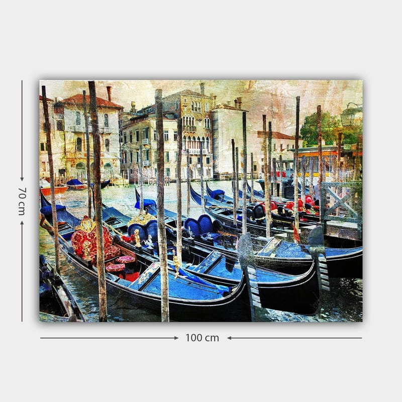 Canvas taulu 70x100 cm - Näkymä gondoleilla venetsialaisessa kanavassa, historiallisten rakennusten ympäröimänä - Sininen / Punainen / Musta - Sisustustuotteet - Taulu & taide - Canvas-taulu