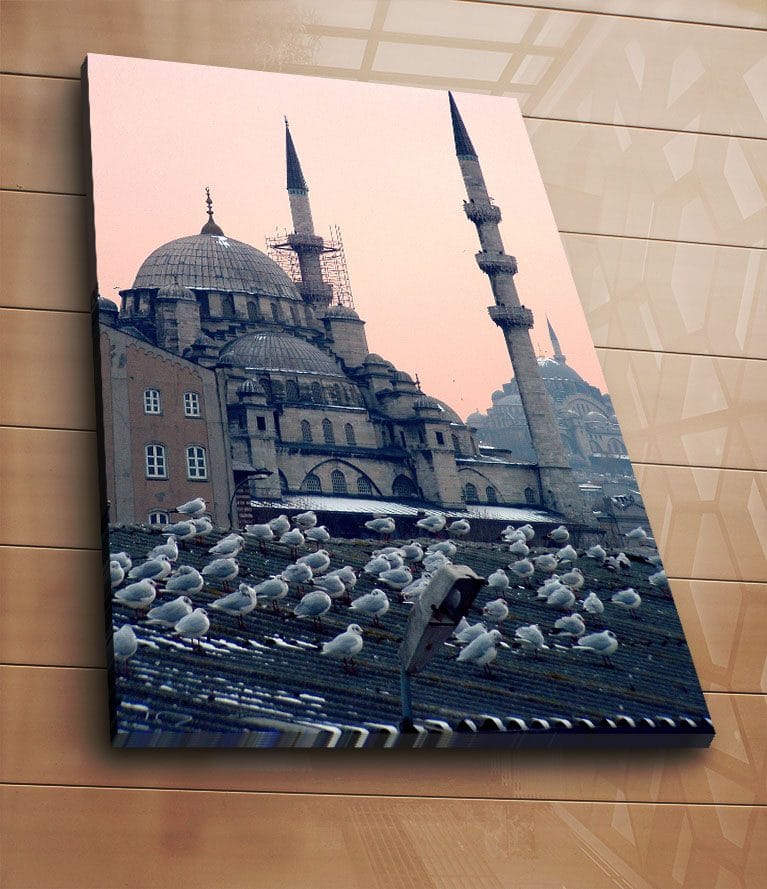 Canvas taulu 70x100 cm - Näkymä historiallisesta moskeijasta, jonka katolla istuu lintuja - Harmaa / Sininen / Beige - Sisustustuotteet - Taulu & taide - Canvas-taulu