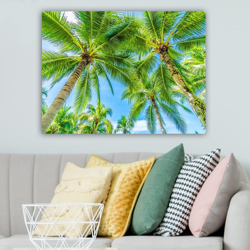 Canvas taulu 70x100 cm - Näkymä korkeista palmuista kurottelemassa kohti kirkasta sinistä taivasta - Vihreä / Sininen - Sisustustuotteet - Taulu & taide - Canvas-taulu