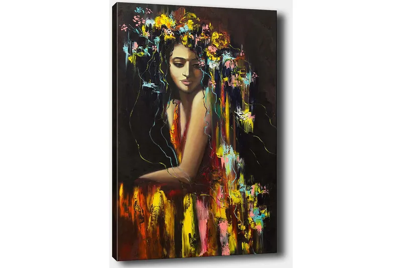 Canvas taulu 70x100 cm - Nainen, jolla on kukkia hiuksissaan, säteilee mysteeriä ja kauneutta - Tummanpunainen / Keltainen / Vihreä - Sisustustuotteet - Taulu & taide - Canvas-taulu