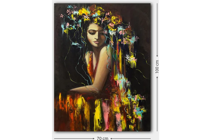 Canvas taulu 70x100 cm - Nainen, jolla on kukkia hiuksissaan, säteilee mysteeriä ja kauneutta - Tummanpunainen / Keltainen / Vihreä - Sisustustuotteet - Taulu & taide - Canvas-taulu