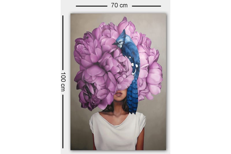Canvas taulu 70x100 cm - Nainen, jolla on suurien, violettien kukkien pää ja sininen lintu istumassa kukkien päällä - Violetti / Sininen - Sisustustuotteet - Taulu & taide - Canvas-taulu