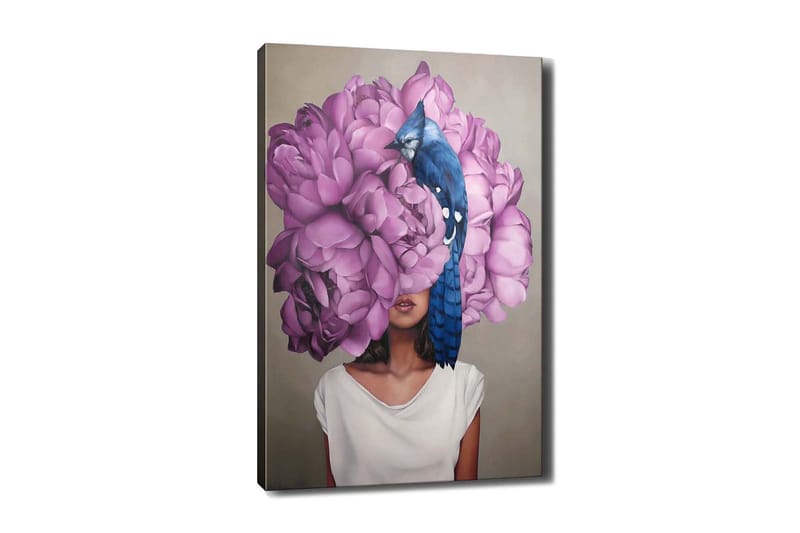 Canvas taulu 70x100 cm - Nainen, jolla on suurien, violettien kukkien pää ja sininen lintu istumassa kukkien päällä, Violetti / Sininen