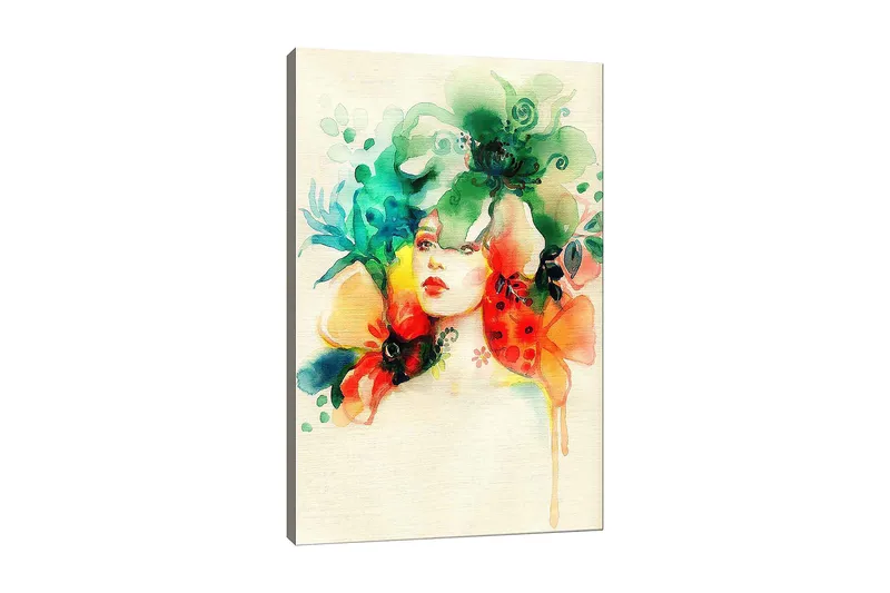 Canvas taulu 70x100 cm - Nainen, jonka päätä ympäröivät kukat ja kasvillisuus, Vihreä / Oranssi / Punainen