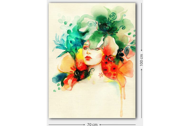 Canvas taulu 70x100 cm - Nainen, jonka päätä ympäröivät kukat ja kasvillisuus - Vihreä / Oranssi / Punainen - Sisustustuotteet - Taulu & taide - Canvas-taulu