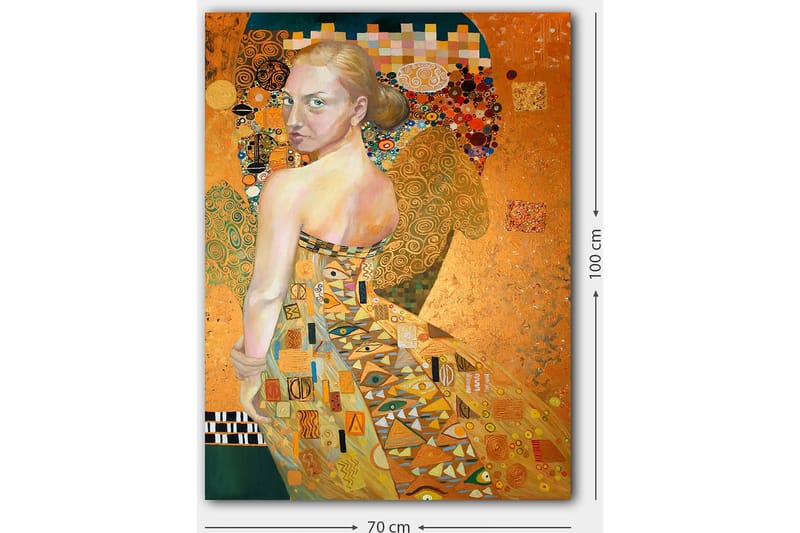 Canvas taulu 70x100 cm - Nainen elegantissa, monimutkaisissa kuvioissa olevassa mekossa kääntymässä ilmeikkäästi - Kulta / Oranssi / Beige - Sisustustuotteet - Taulu & taide - Canvas-taulu