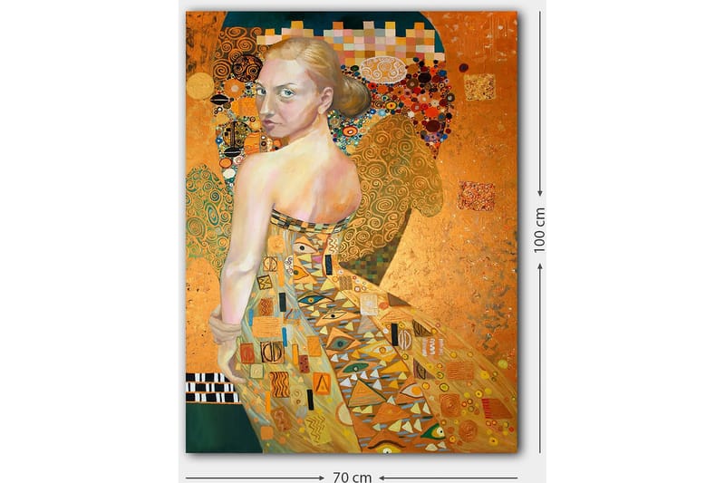 Canvas taulu 70x100 cm - Nainen elegantissa, monimutkaisissa kuvioissa olevassa mekossa kääntymässä ilmeikkäästi - Kulta / Oranssi / Beige - Sisustustuotteet - Taulu & taide - Canvas-taulu