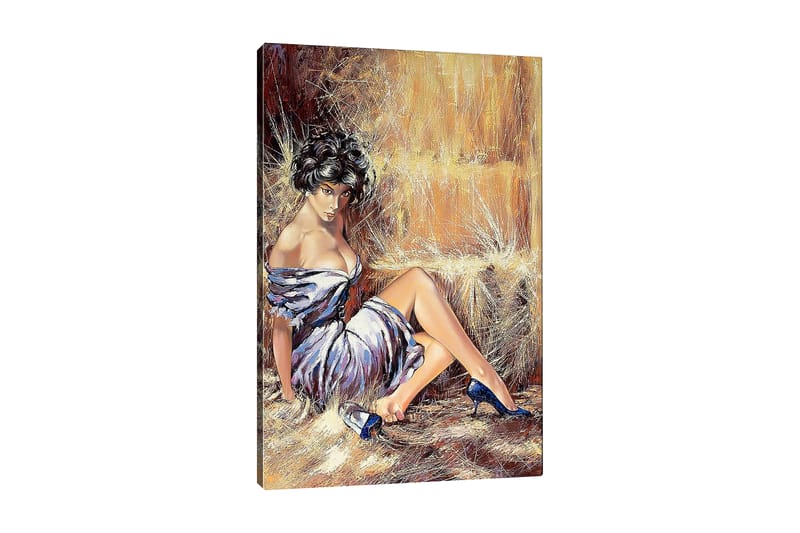 Canvas taulu 70x100 cm - Nainen elegantissa mekossa istuu rennosti ja itsevarmasti - Valkoinen / Ruskea / Sininen - Sisustustuotteet - Taulu & taide - Canvas-taulu