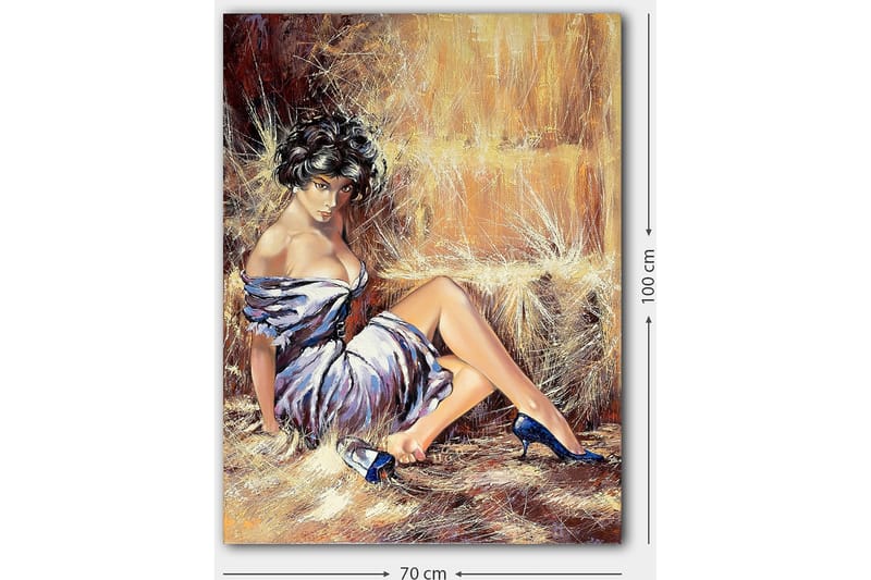 Canvas taulu 70x100 cm - Nainen elegantissa mekossa istuu rennosti ja itsevarmasti - Valkoinen / Ruskea / Sininen - Sisustustuotteet - Taulu & taide - Canvas-taulu