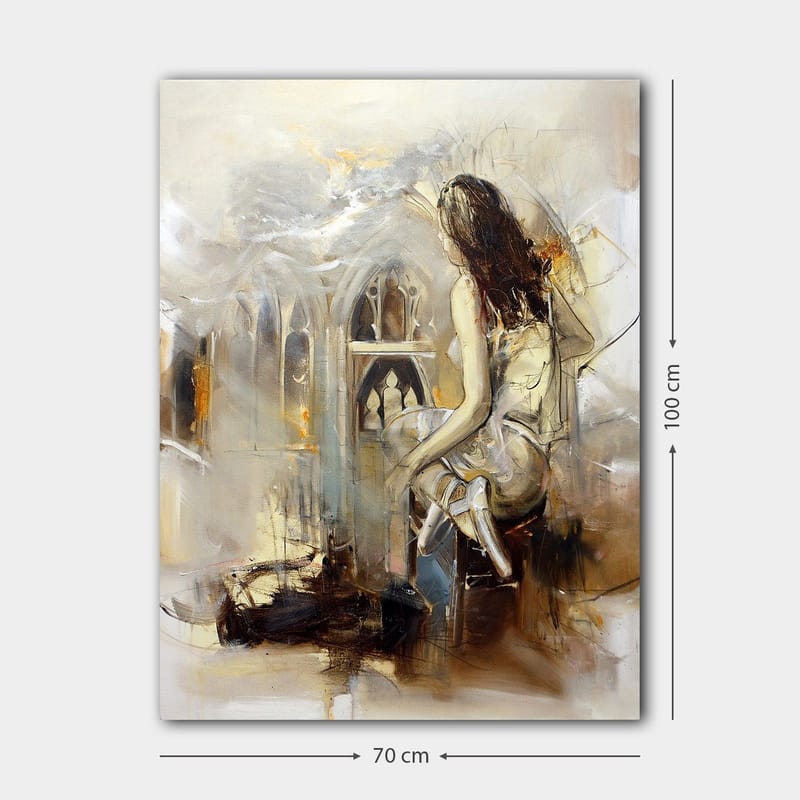 Canvas taulu 70x100 cm - Nainen istuu penkillä ja katsoo kohti goottilaista arkkitehtuuria - Beige / Ruskea / Kulta - Sisustustuotteet - Taulu & taide - Canvas-taulu