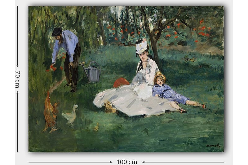 Canvas taulu 70x100 cm - Nainen ja lapsi istuvat nurmikolla miehen kastellessa kukkia puutarhassa - Vihreä / Sininen / Valkoinen - Sisustustuotteet - Taulu & taide - Canvas-taulu