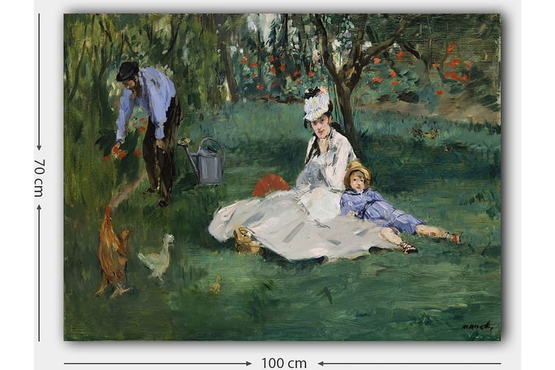Canvas taulu 70x100 cm - Nainen ja lapsi istuvat nurmikolla miehen kastellessa kukkia puutarhassa - Vihreä / Sininen / Valkoinen - Sisustustuotteet - Taulu & taide - Canvas-taulu