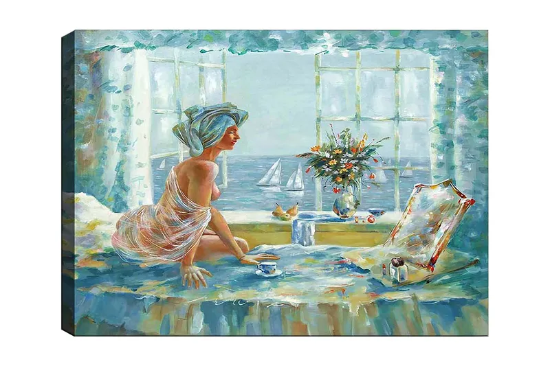 Canvas taulu 70x100 cm - Nainen kirkkaassa ja ilmavassa ympäristössä istumassa ikkunan ääressä merinäköalalla, Sininen / Vihreä / Beige