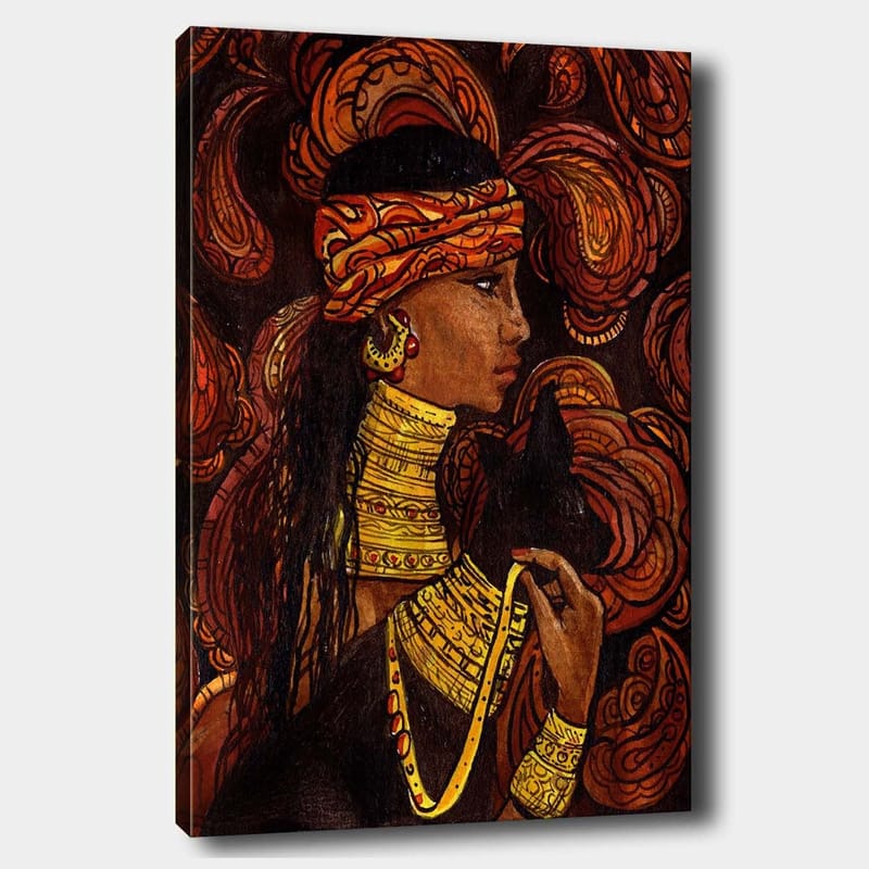 Canvas taulu 70x100 cm - Nainen mustan eläimen kanssa, lämpimien väristen keinuvien kuvioiden ympäröimänä, Punainen / Oranssi / Musta