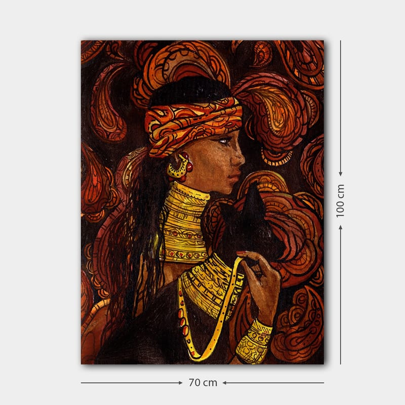 Canvas taulu 70x100 cm - Nainen mustan eläimen kanssa, lämpimien väristen keinuvien kuvioiden ympäröimänä - Punainen / Oranssi / Musta - Sisustustuotteet - Taulu & taide - Canvas-taulu