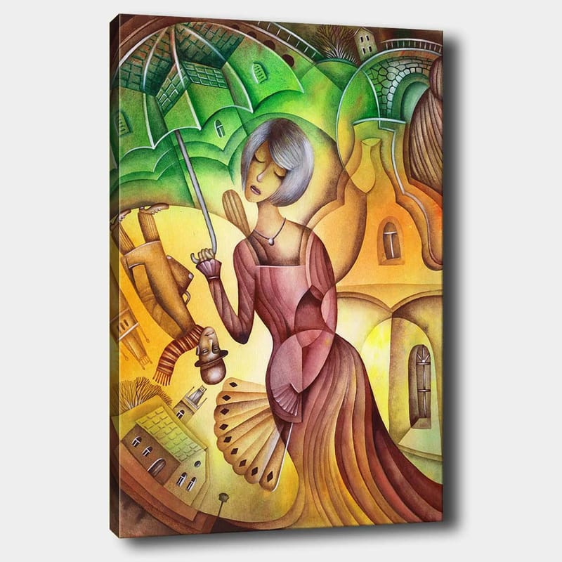 Canvas taulu 70x100 cm - Nainen sateenvarjon kanssa värikkäässä ja tyylitellyssä maisemaympäristössä, Vihreä / Keltainen / Ruskea