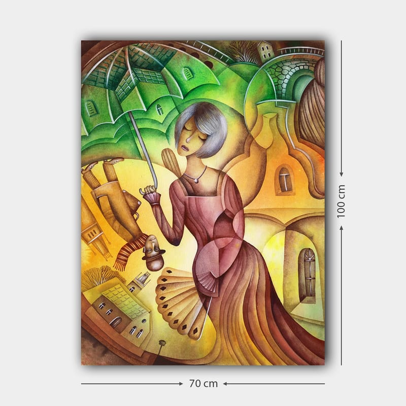 Canvas taulu 70x100 cm - Nainen sateenvarjon kanssa värikkäässä ja tyylitellyssä maisemaympäristössä - Vihreä / Keltainen / Ruskea - Sisustustuotteet - Taulu & taide - Canvas-taulu