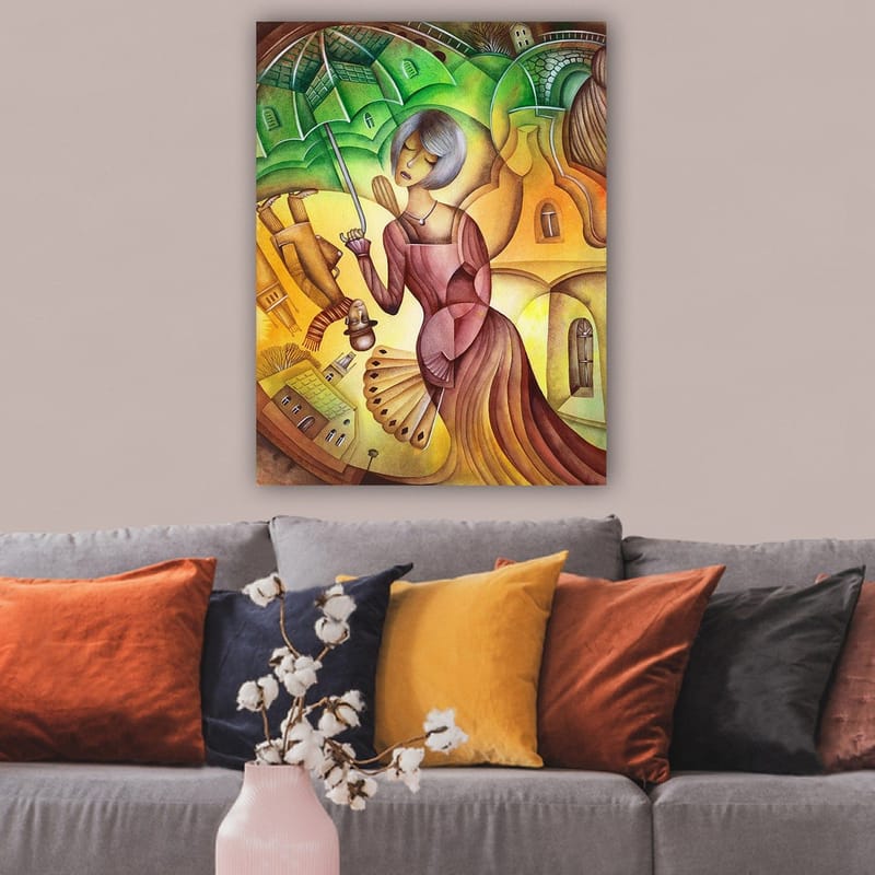 Canvas taulu 70x100 cm - Nainen sateenvarjon kanssa värikkäässä ja tyylitellyssä maisemaympäristössä - Vihreä / Keltainen / Ruskea - Sisustustuotteet - Taulu & taide - Canvas-taulu