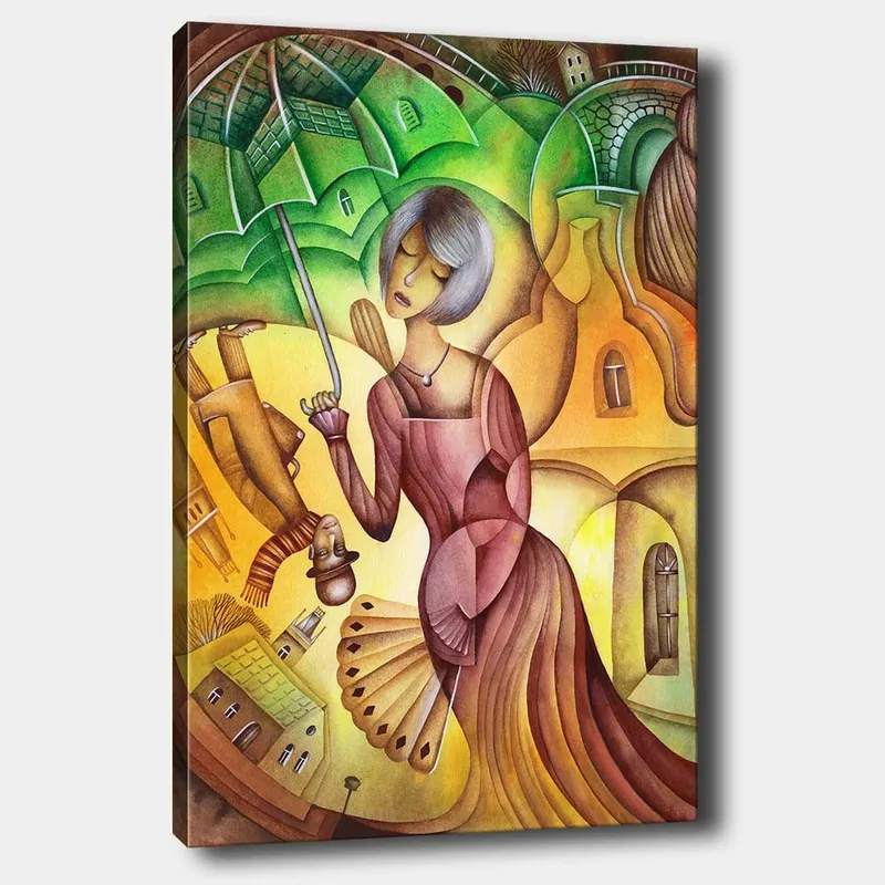 Canvas taulu 70x100 cm - Nainen sateenvarjon kanssa värikkäässä ja tyylitellyssä maisemaympäristössä, Vihreä / Keltainen / Ruskea