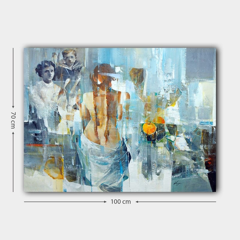 Canvas taulu 70x100 cm - Nainen selkä katsojaan päin, abstraktien muotojen ja hahmojen ympäröimänä - Sininen / Oranssi / Harmaa - Sisustustuotteet - Taulu & taide - Canvas-taulu