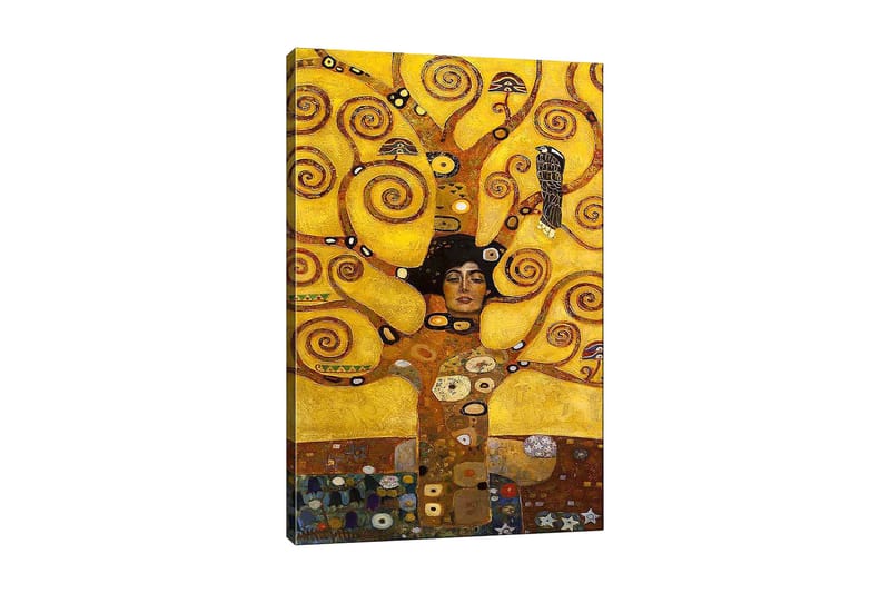 Canvas taulu 70x100 cm - Nainen suljetuin silmin, pyörivien, kultaisten oksien ja symbolisten elementtien ympäröimänä, Kulta / Ruskea / Musta