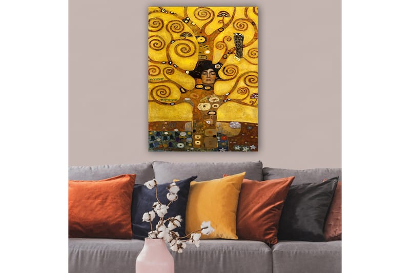 Canvas taulu 70x100 cm - Nainen suljetuin silmin, pyörivien, kultaisten oksien ja symbolisten elementtien ympäröimänä - Kulta / Ruskea / Musta - Sisustustuotteet - Taulu & taide - Canvas-taulu