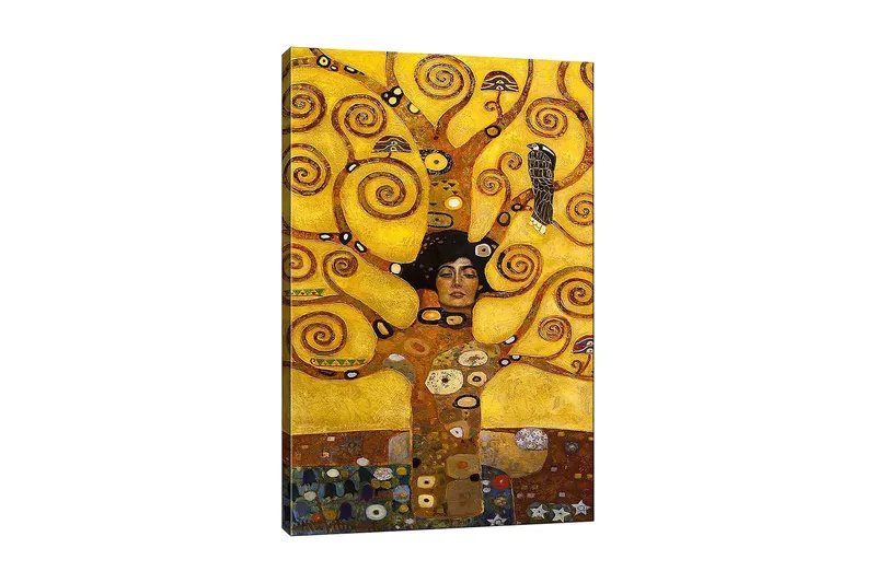 Canvas taulu 70x100 cm - Nainen suljetuin silmin, pyörivien, kultaisten oksien ja symbolisten elementtien ympäröimänä, Kulta / Ruskea / Musta