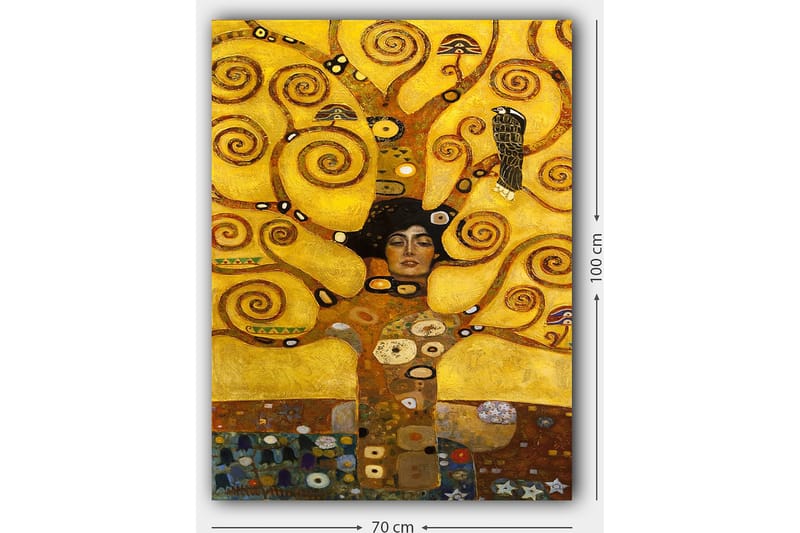 Canvas taulu 70x100 cm - Nainen suljetuin silmin, pyörivien, kultaisten oksien ja symbolisten elementtien ympäröimänä - Kulta / Ruskea / Musta - Sisustustuotteet - Taulu & taide - Canvas-taulu