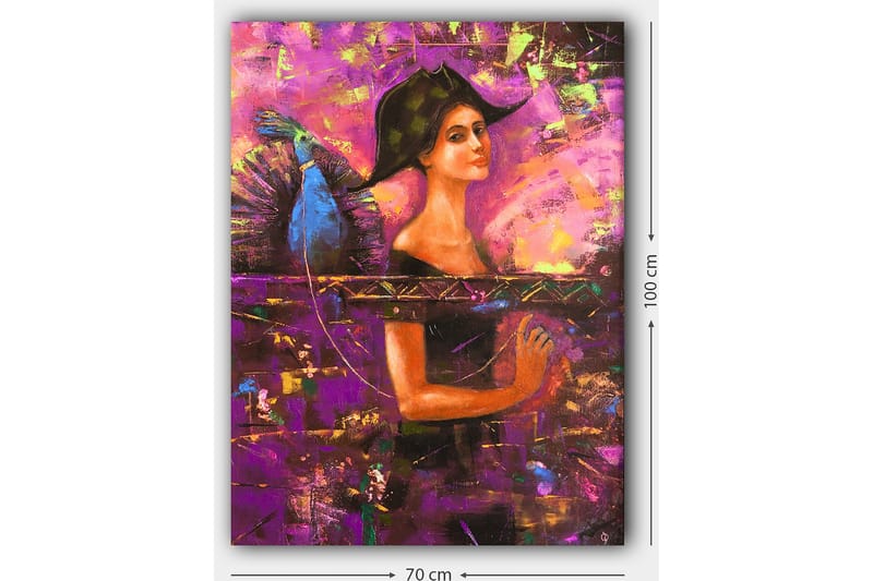 Canvas taulu 70x100 cm - Nainen suuressa hatussa ja siivissä, ilmaisee mysteeriä ja voimaa - Violetti / Sininen / Oranssi - Sisustustuotteet - Taulu & taide - Canvas-taulu