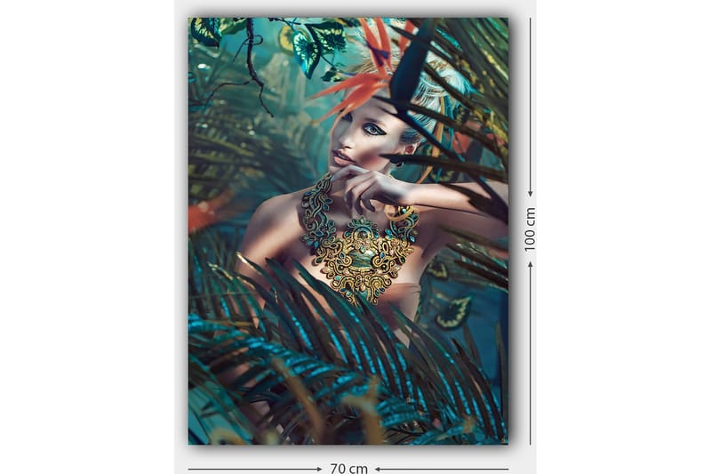 Canvas taulu 70x100 cm - Nainen tiheässä, rehevässä ympäristössä, jossa on katseenvangitseva, monimutkainen koruyksityiskohta - Tummanvihreä / Turkoosi / Beige - Sisustustuotteet - Taulu & taide - Canvas-taulu