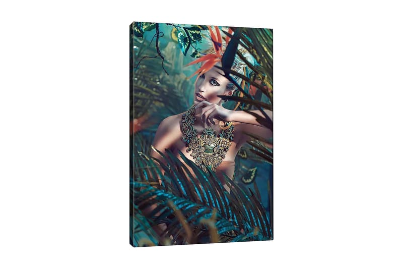 Canvas taulu 70x100 cm - Nainen tiheässä, rehevässä ympäristössä, jossa on katseenvangitseva, monimutkainen koruyksityiskohta, Tummanvihreä / Turkoosi / Beige