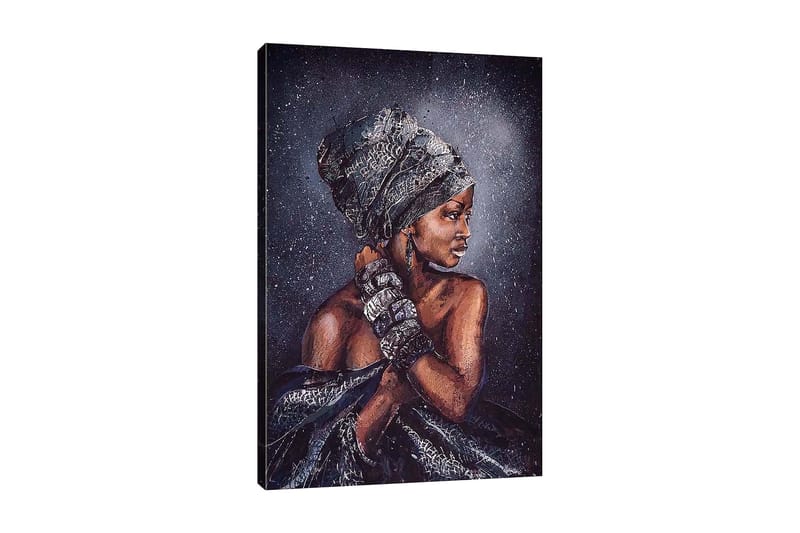 Canvas taulu 70x100 cm - Nainen tyylikkäässä päähineessä ja koruissa, profiilissa, Tummanruskea / Musta / Harmaa