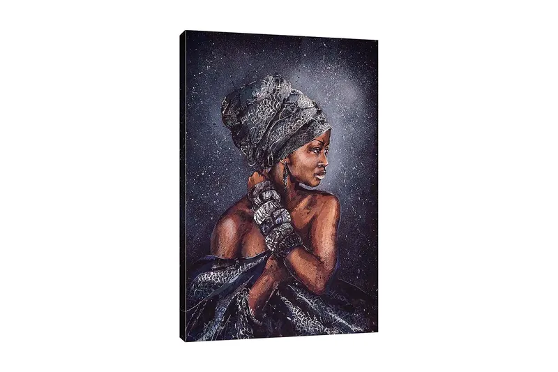 Canvas taulu 70x100 cm - Nainen tyylikkäässä päähineessä ja koruissa, profiilissa, Tummanruskea / Musta / Harmaa