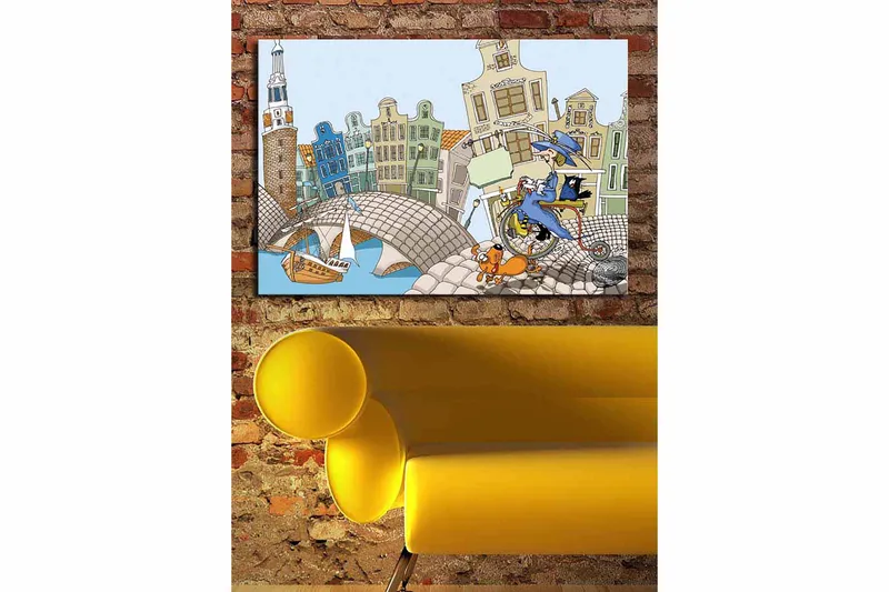 Canvas taulu 70x100 cm - Nainen polkupy örällä koiran ja kissan kanssa, värikkäiden talojen ja sillan ympäröimänä - Sininen / Vihreä / Oranssi - Sisustustuotteet - Taulu & taide - Canvas-taulu