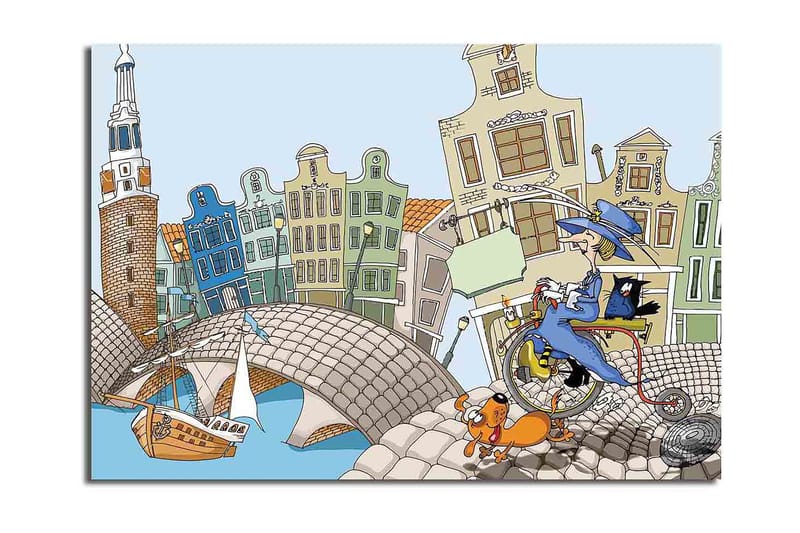 Canvas taulu 70x100 cm - Nainen polkupyörällä koiran ja kissan kanssa, värikkäiden talojen ja sillan ympäröimänä, Sininen / Vihreä / Oranssi