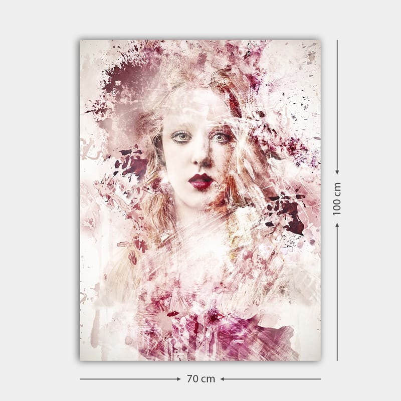 Canvas taulu 70x100 cm - Naisen muotokuva dramaattisilla värisävyillä ja abstrakteilla elementeillä - Syvänpunainen / Vaaleanpunainen / Valkoinen - Sisustustuotteet - Taulu & taide - Canvas-taulu