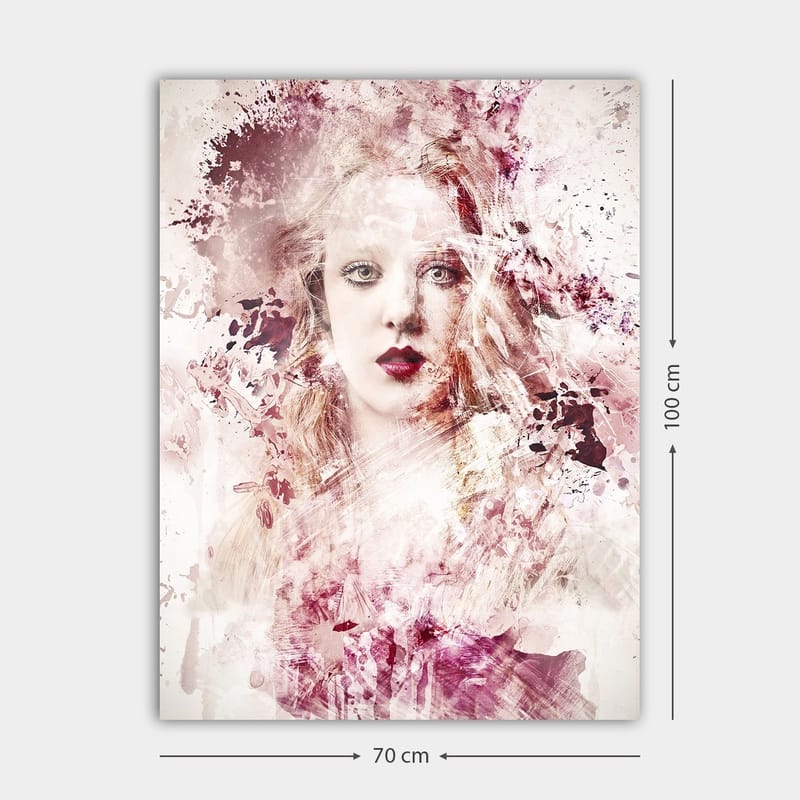 Canvas taulu 70x100 cm - Naisen muotokuva dramaattisilla värisävyillä ja abstrakteilla elementeillä - Syvänpunainen / Vaaleanpunainen / Valkoinen - Sisustustuotteet - Taulu & taide - Canvas-taulu