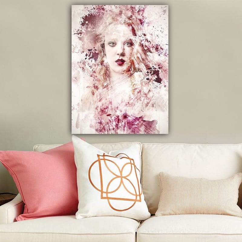Canvas taulu 70x100 cm - Naisen muotokuva dramaattisilla värisävyillä ja abstrakteilla elementeillä - Syvänpunainen / Vaaleanpunainen / Valkoinen - Sisustustuotteet - Taulu & taide - Canvas-taulu