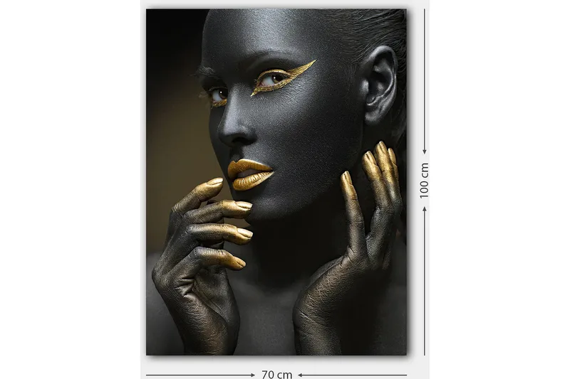 Canvas taulu 70x100 cm - Naisen muotokuva mustalla kasvomaalilla ja kultaisilla yksityiskohdilla - Musta / Kulta - Sisustustuotteet - Taulu & taide - Canvas-taulu