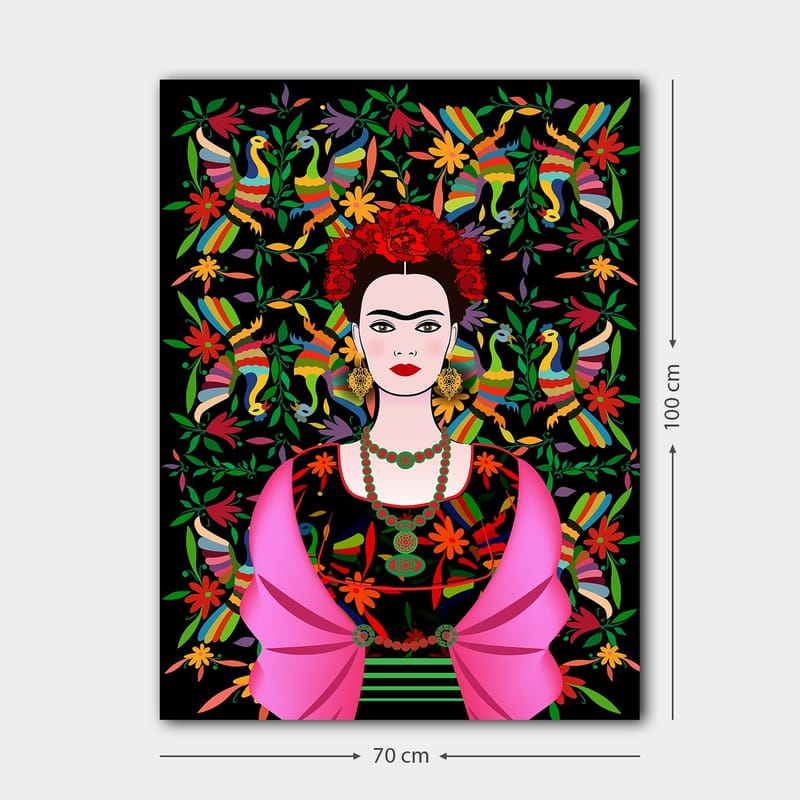 Canvas taulu 70x100 cm - Naisen muotokuva perinteisillä meksikolaisilla elementeillä ja värikkäällä taustalla - Punainen / Vihreä / Musta - Sisustustuotteet - Taulu & taide - Canvas-taulu