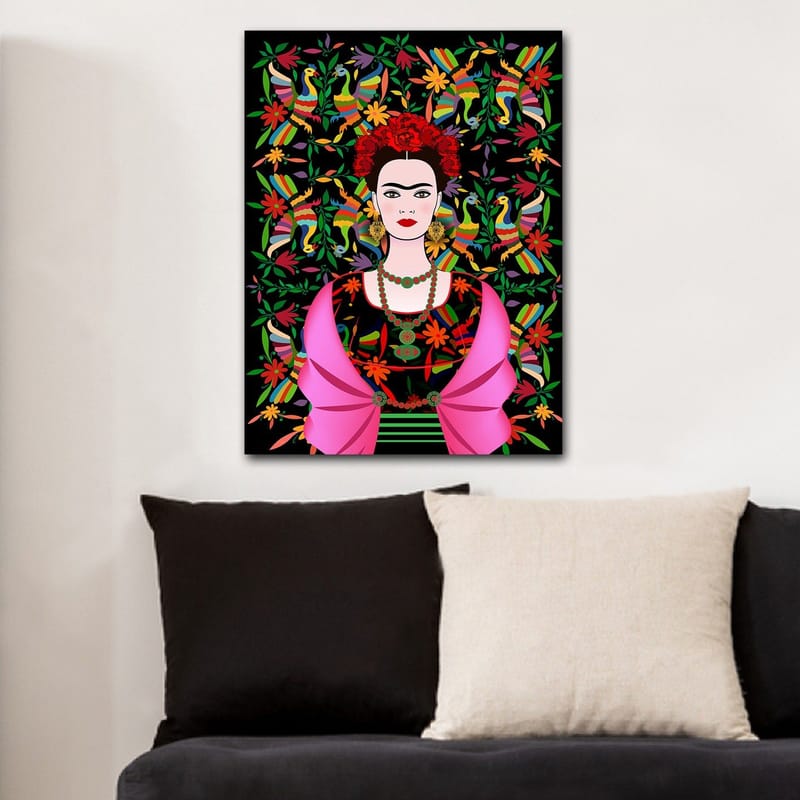 Canvas taulu 70x100 cm - Naisen muotokuva perinteisillä meksikolaisilla elementeillä ja värikkäällä taustalla - Punainen / Vihreä / Musta - Sisustustuotteet - Taulu & taide - Canvas-taulu